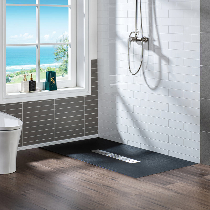 59/60" W x 35.4" D Solid Sufrace Shower Base, Non-Slip, Low-Profile, Curbless, Wheelchair Accessible, Black, Center