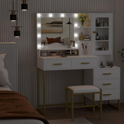 53.5" Large Vanity Desk with Bench, Makeup Vanity with Mirror & Lights & Led Bulbs, Makeup Table with 5 Drawers, Vanity Table with Charging Station- White
