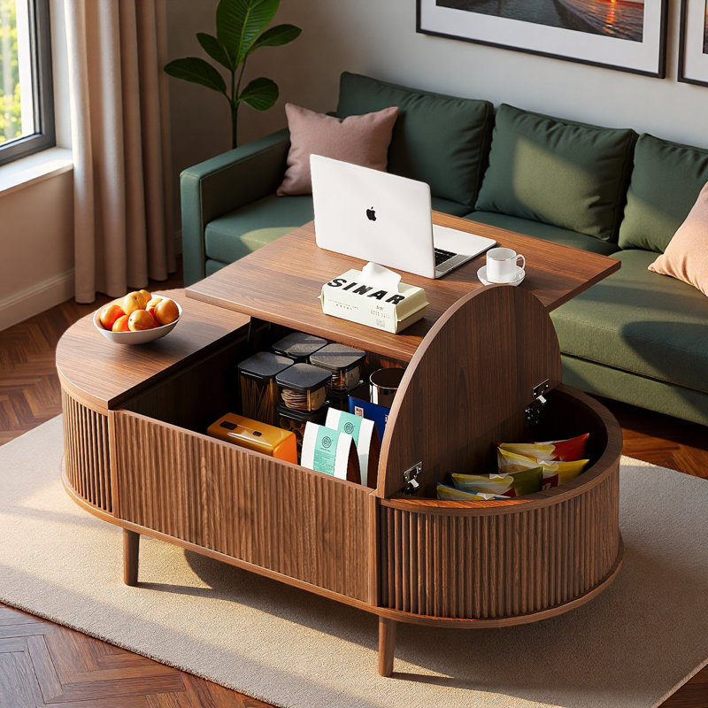 Table basse ovale minimaliste de 47,24 po avec rangement caché et finition grain de bois, Antique Brown