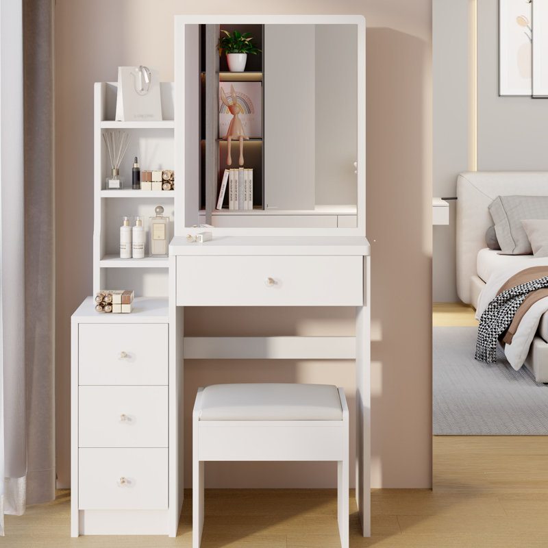 Très grande coiffeuse à miroir coulissant à droite avec tabouret pour petits espaces - matériau 29,2 po et zone blanche coussinée