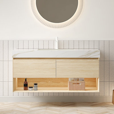 Meuble-lavabo de salle de bain avec lavabo, armoire de rangement flottante, tiroirs et tablette avec capteur de lumière