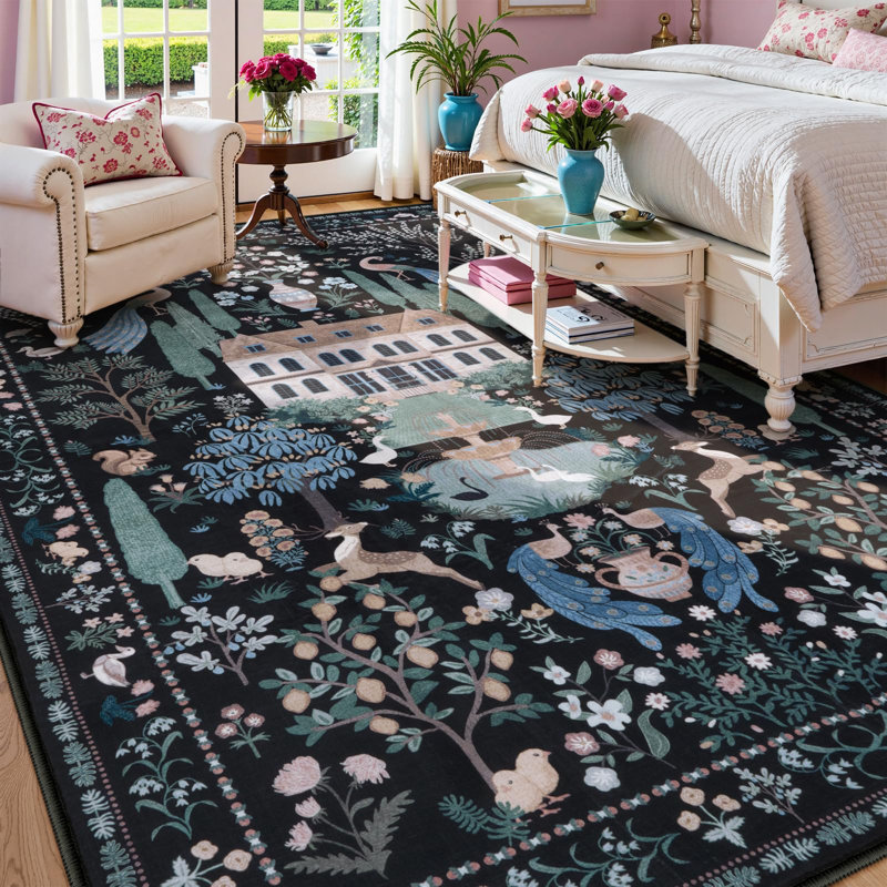 Goldene Machine Washable Vintage Floral Castle Black Area Rugs for Living Room Bedroom, Non-Slip Soft Low Pile French Carpet Rugs for Play Room
