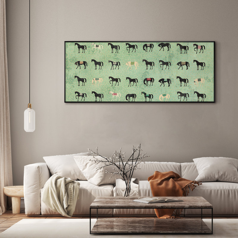 Très grand imprimé mural d'art sur toile - Motif de cheval vert fantaisiste, décor de chambre d'enfants équestre pour le salon ou la chambre à coucher - «Assemblage requis du cadre (cadre non fini)»