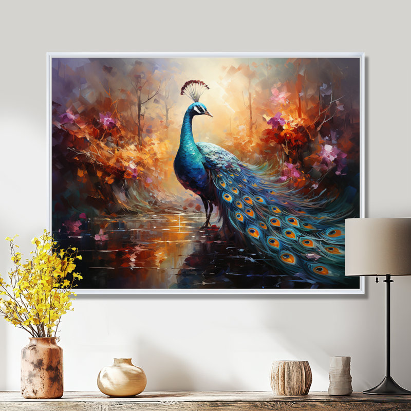 «Peacock Expressionist Portrait II», art mural sur toile paon, H 34 po x l 44 po x P 1,5 po, Cadre flottant blanc