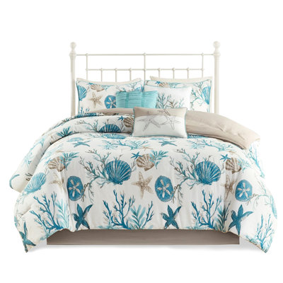 King Size Cotton Comforter In - With Printed Shells, Starfish, Corals & Look 7 Piece For With Coastal Style
