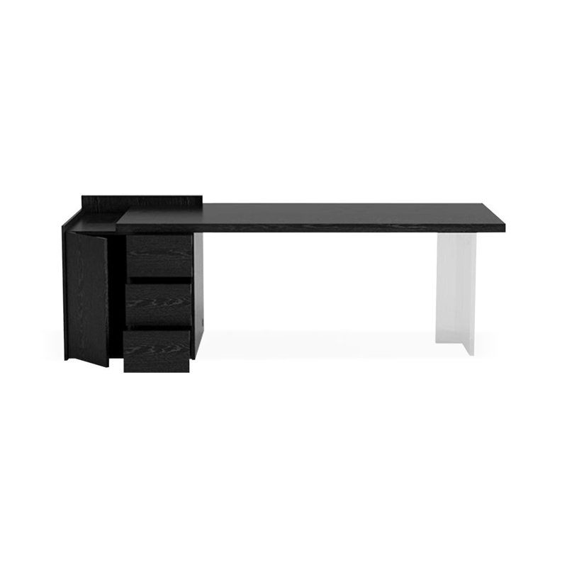 Bureau rectangulaire en bois manufacturé noir + acrylique avec 3 tiroirs, Retour à gauche