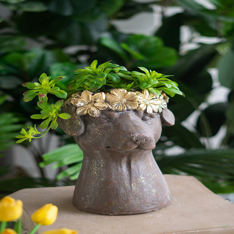 Pot à fleurs 9,3 x 9,3 x 13 po en magnésium avec fini brun texturé et couronne feuille d'or