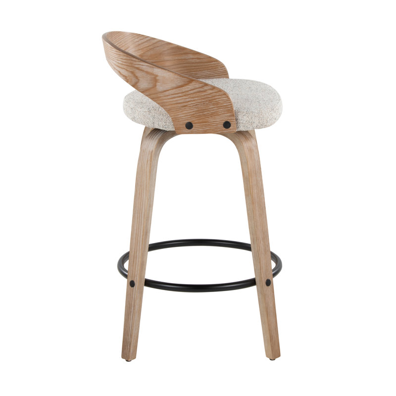 Laurenzio Fixed-Height Bar & Counter Stools with Bent Wood Legs & Round Footrest (Set of 2), Oat Fabric, White Washed/Black