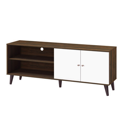 Tv Stand For 70-79" Tvs, 2 Shelves & 1 Cabinet, White And Walnut Color Mix Practical Storage Stand, Compatible, + Design