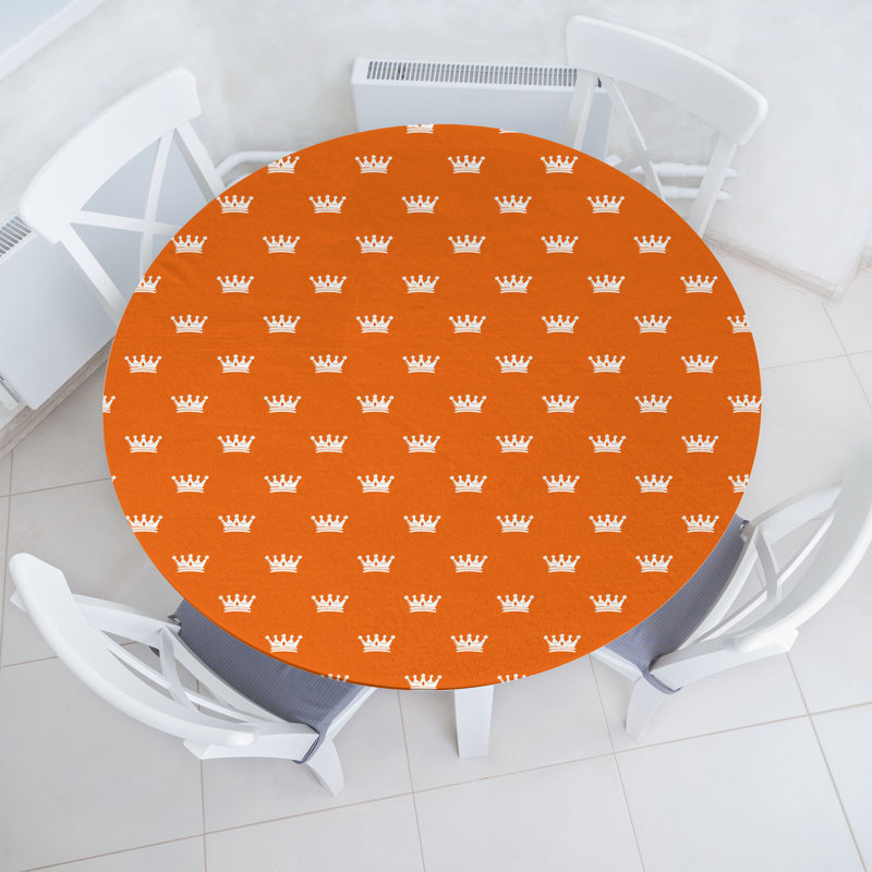 Ebern Designs Crown Fitted Round Tablecloth Burnt Orange and White, 51.97" Round