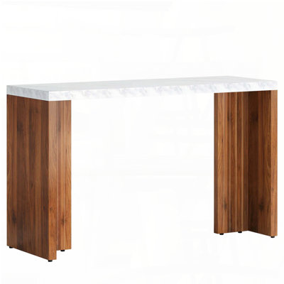 Minimalist Bar Table with Faux Marble Top and Walnut-Finish Legs
