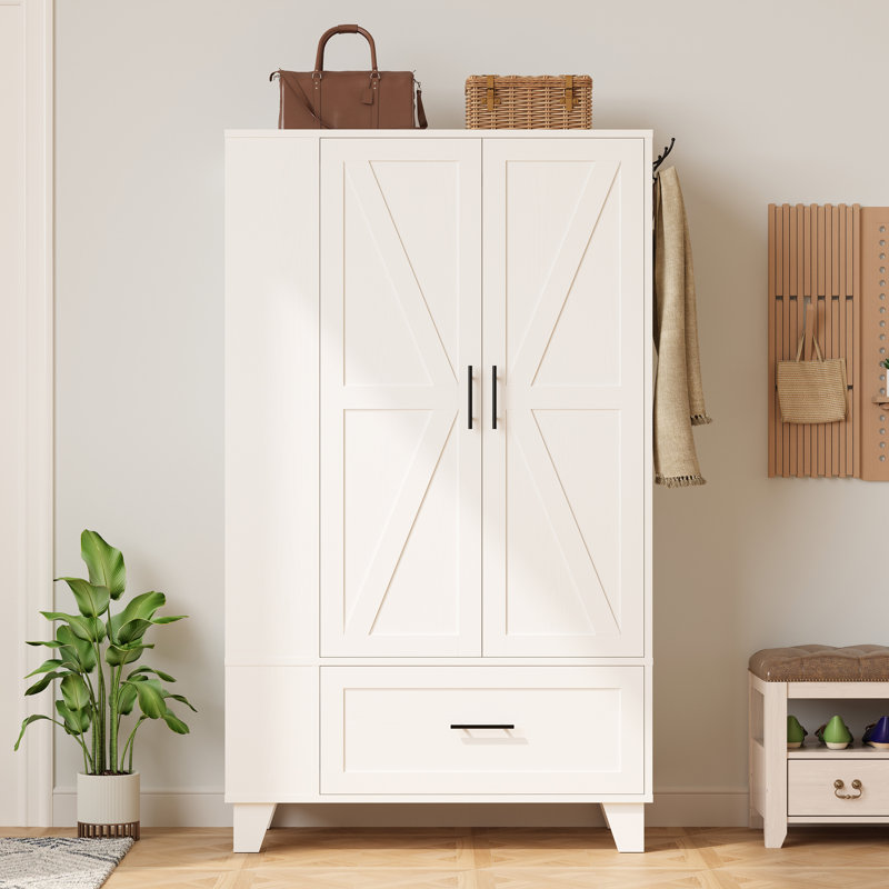67" Bedroom Wardrobe Closet, Wooden Armoire With Mirror, Doors & Drawers, White