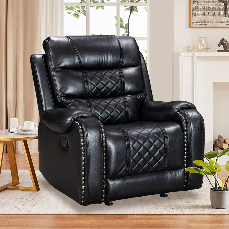 Ambridge Crovetti 35.8" Wide PU Leather Manual Rocker Recliner Chair with Diamond Stitching, Black
