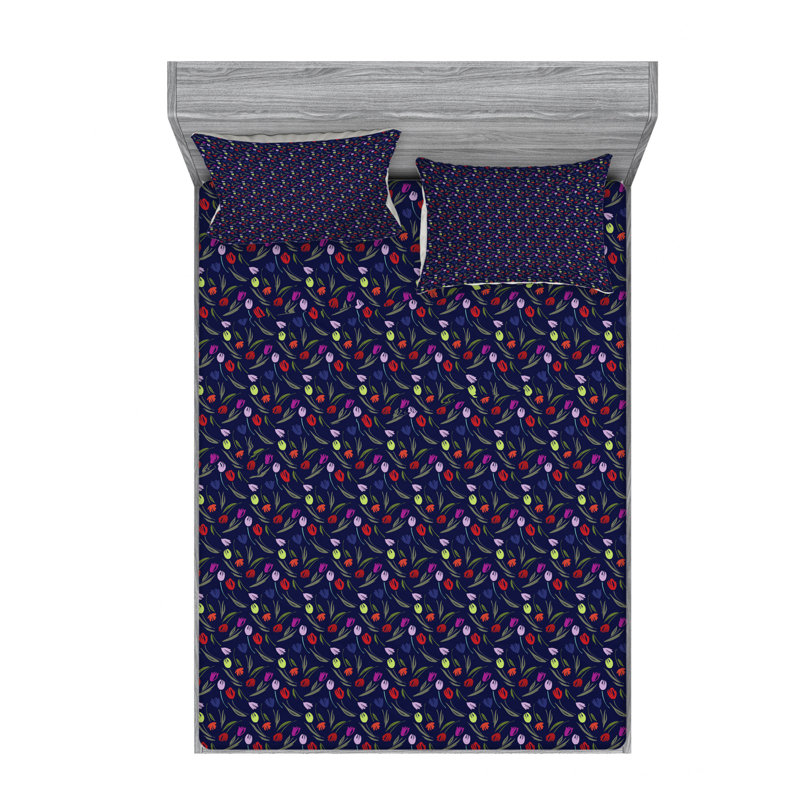 Microfiber Floral Fitted Sheet, Queen Fitted Sheet with 2 Pillowcases
