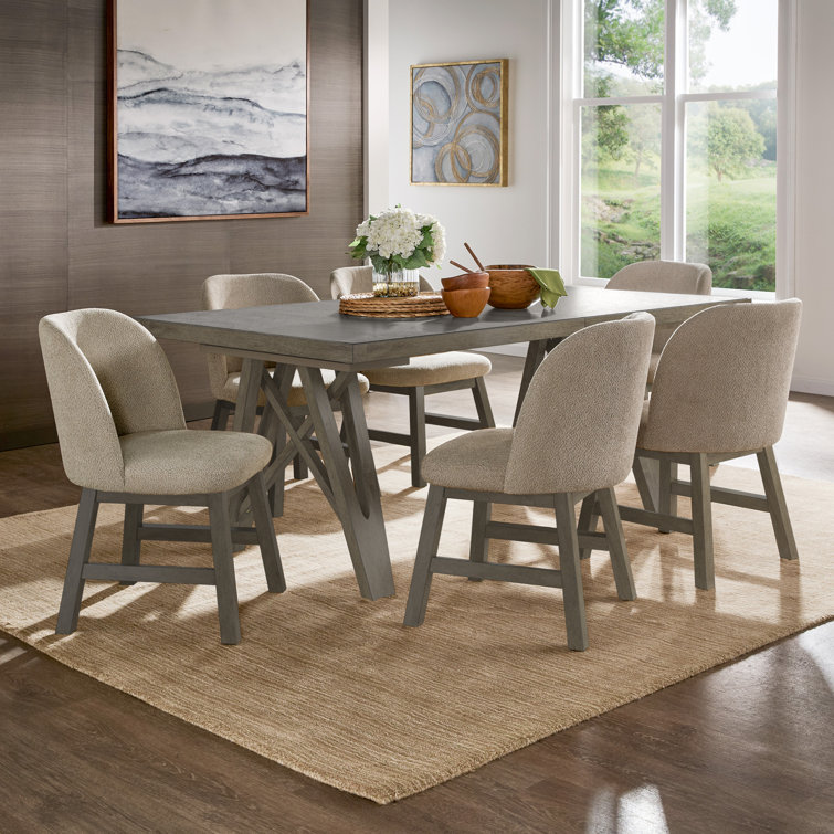 Cipolla 72"-90" Wood Finish Extendable Dining Set - Dining Table With Leaf And Taupe Fabric Curved Back Chairs
