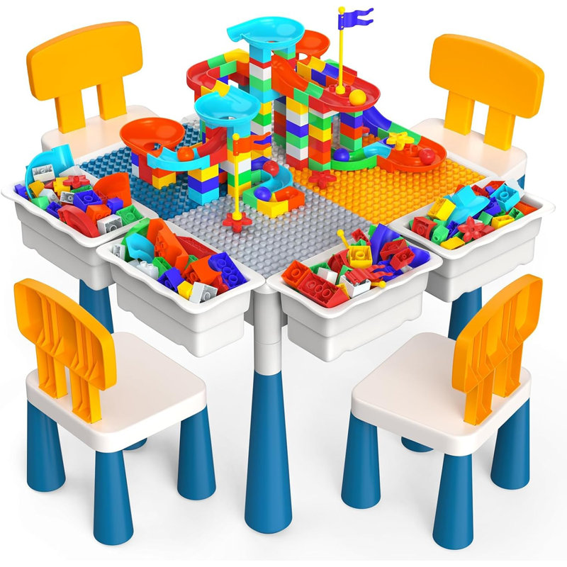 Activity Table 7 In 1 Kids Activity Tables And 4 Chairs With 152Pcs Large Marble Run Building Blocks, Sand/Water Tables, Kids Learning Play Table Toys For Toddler Age 3-7