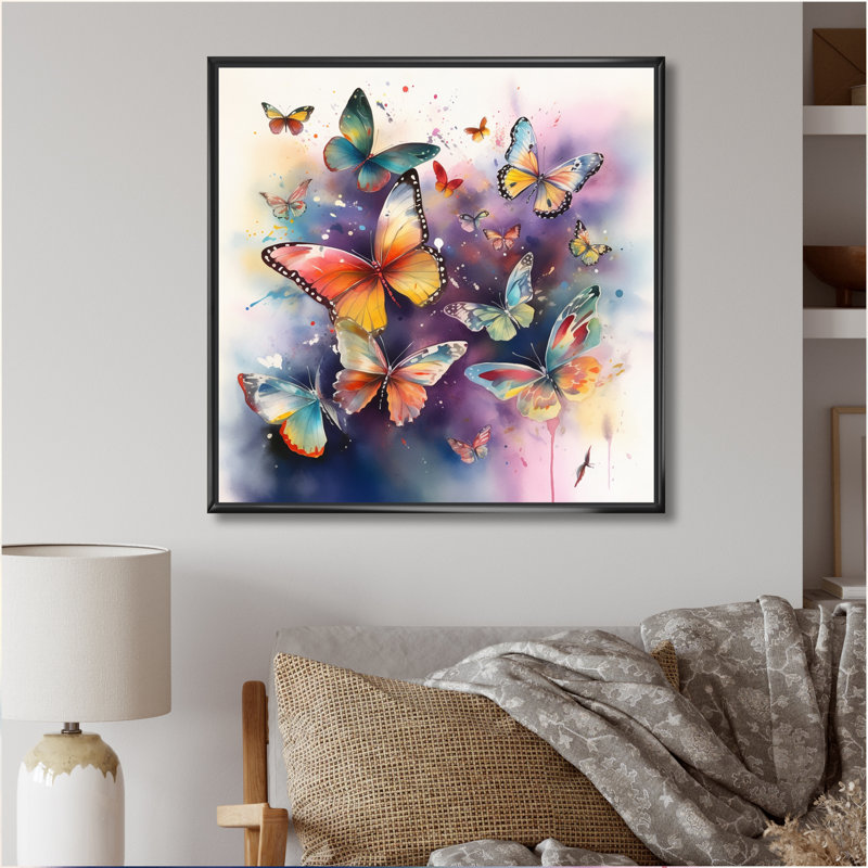 «Purple Butterflies In The Air», reproduction d'art sur toile, H 24 po x l 24 po, Cadre flottant noir