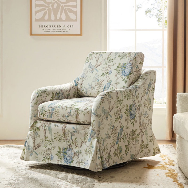 Asman Farmhouse Upholstered Slipcovered Swivel Armchair, Floral Polyester Blend