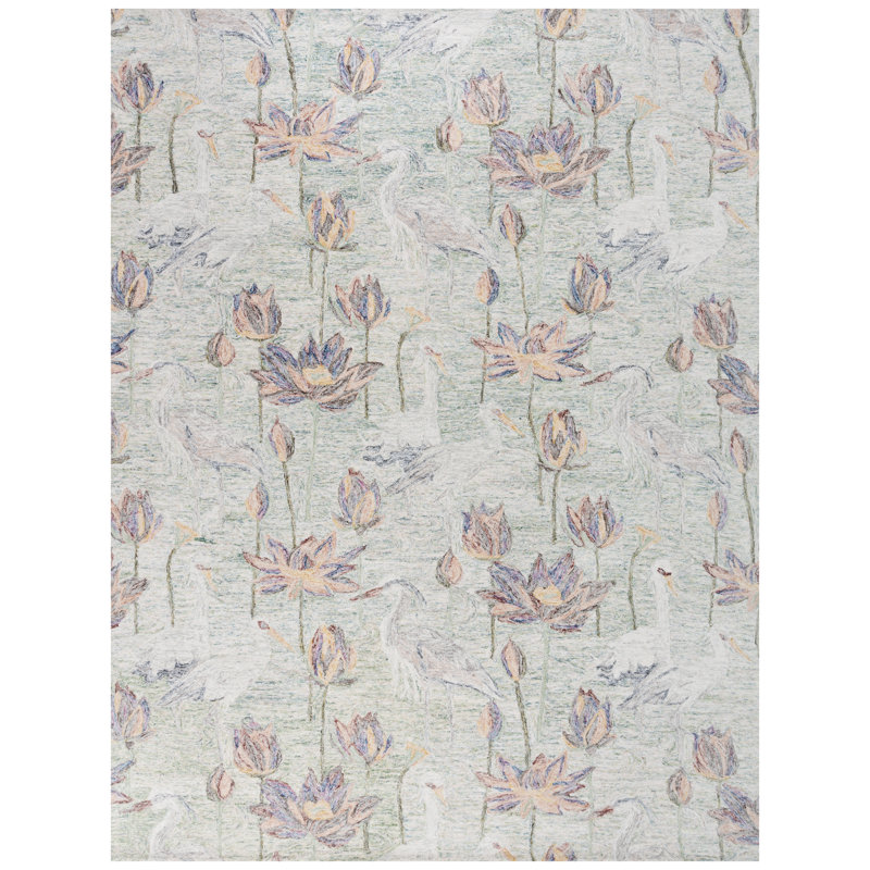 Tapis à motif floral en laine / coton touffeté Bovia vert / ivoire / jaune, Rectangle 8 pi x 10 pi