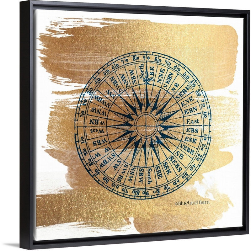 Boussole or brossé-impression sur toile, H 14 po x l 14 po x P 1,75 po, Cadre noir