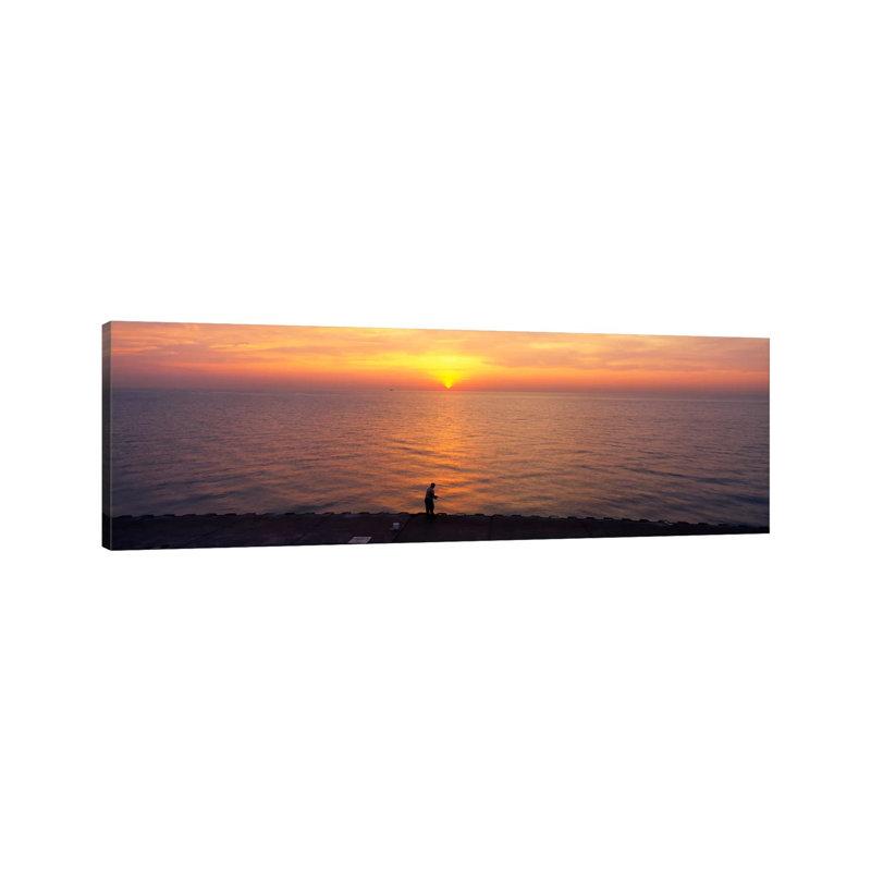 Sunset Over A Lake, Lake Michigan, Chicago, Cook County, Illinois, USA - Wrapped Canvas Panoramic Print
