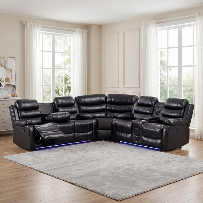 Canapé modulaire 3 pièces inclinable manuel avec lumières DEL, console Bluetooth et table rabattable, Noir