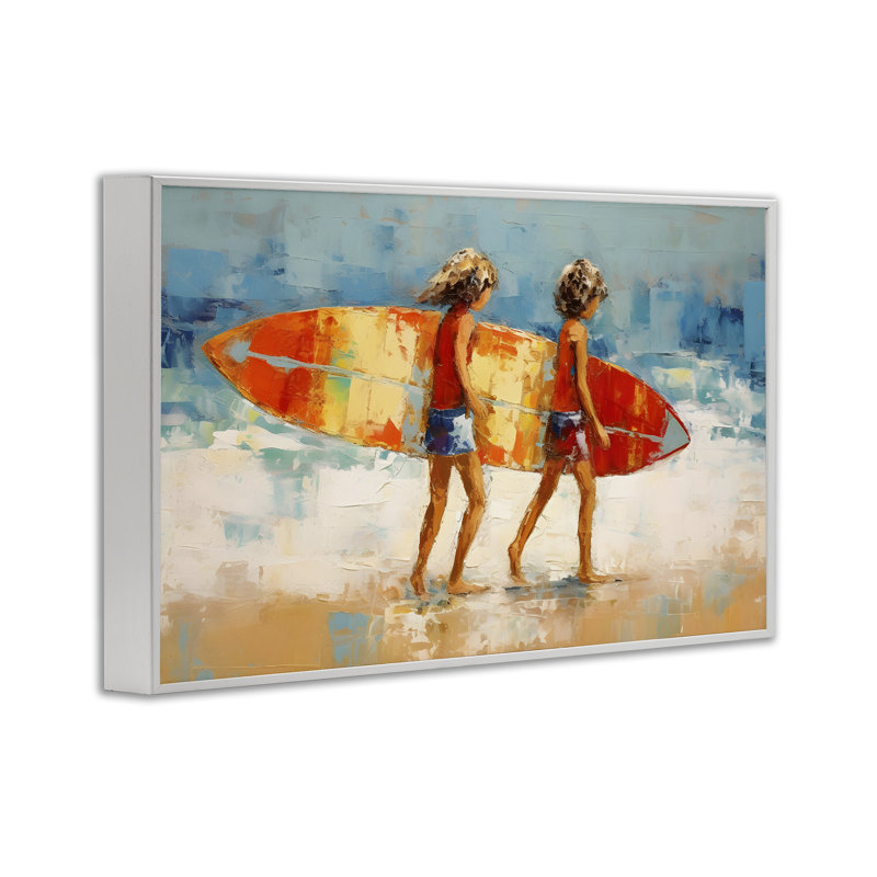 Kids Holding Surfboard Giclee Art by Petal Prints Design, Coastal White Framed Giclee, 16" H x 24" W
