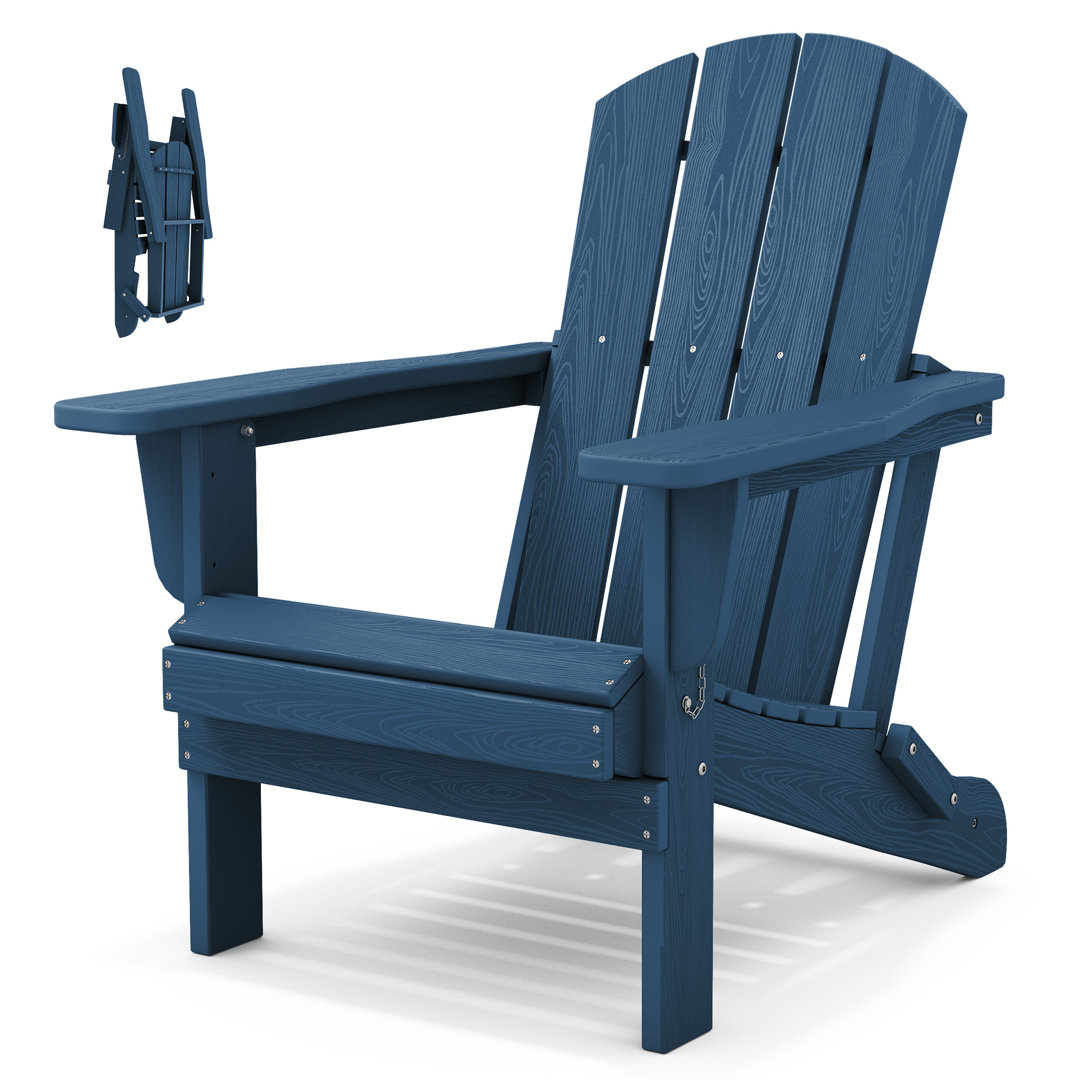 Outdoor HDPE Folding Adirondack Chair , Weather-Resistant Wood-Grain Lounge Chair Rosecliff Heights 
