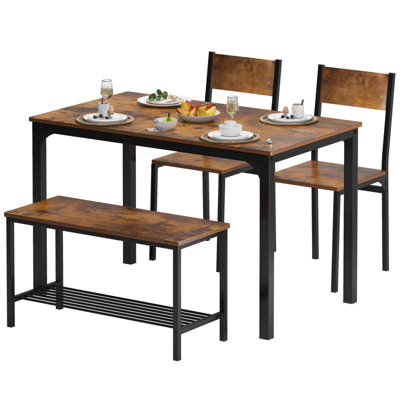 Pickell 4-Person Dining Table Set, 2 Chairs With Backrest,2-Person Bench With Storage Rack, Rustic Brown