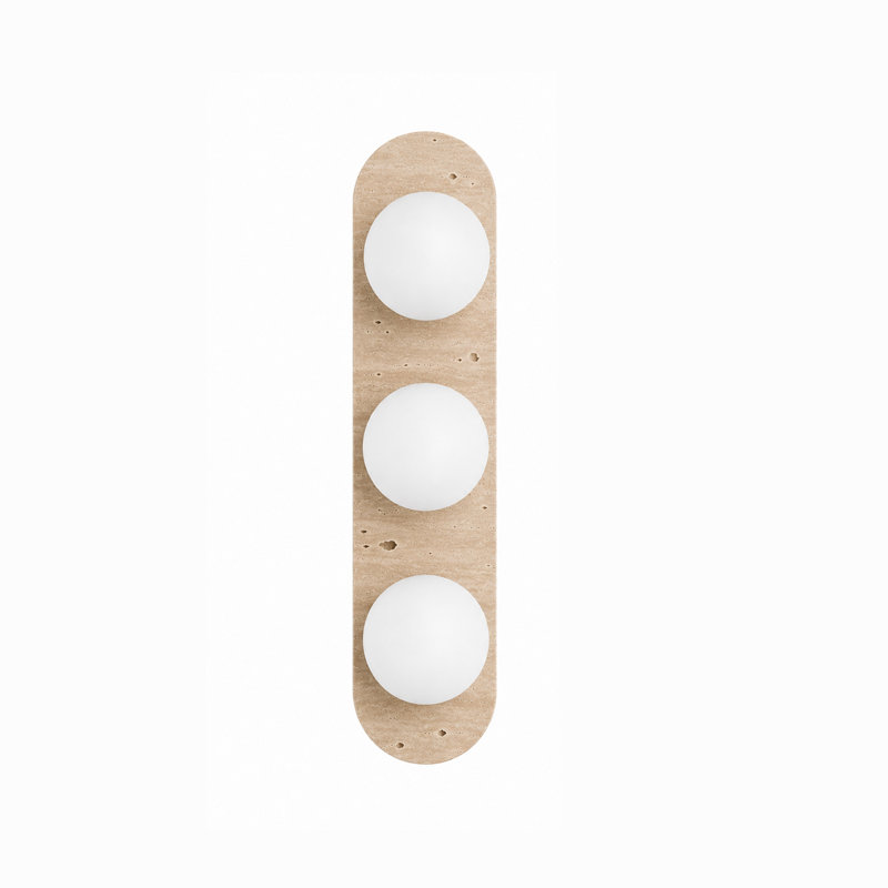 Applique murale moderne à 3 lumières de 60 cm (23,6 po) en véritable travertin avec globes en verre dépoli, ampoules G9 à intensité variable, câblée, montage horizontal/vertical