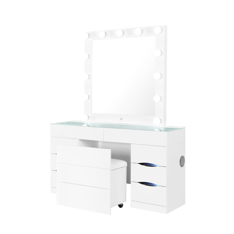 Meuble-lavabo blanc avec tabouret, ampoules à DEL intégrées, haut-parleurs latéraux, couvercle en verre et au-dessus de 5 tiroirs, configuration en verre massif et en bois de style avec ou sans composition