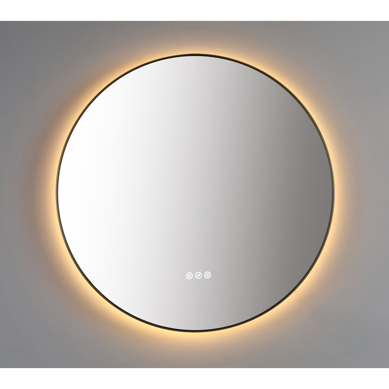 36" Mirror Dark Gold Shell Metal Frame backlit Led Mirror with Anti-fog, Gold, Round, 35.43" x 35.43"