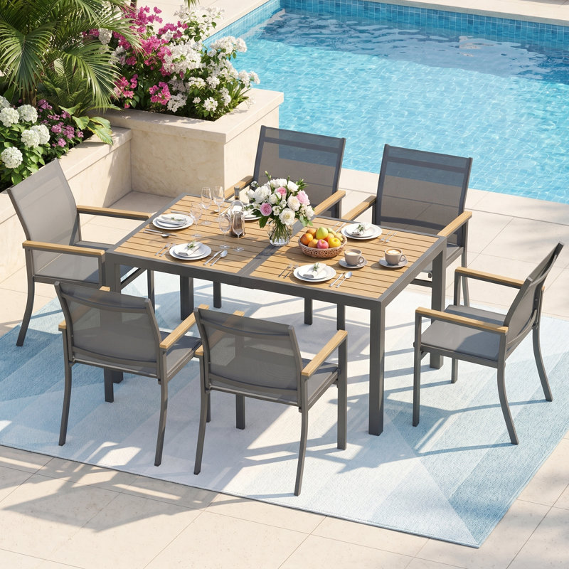 Ensemble repas d'extérieur en aluminium 7 pièces Abshire, table et chaises d'extérieur pour 6 personnes avec plateau HDPS rectangulaire, ensemble repas pour patio toutes saisons pour cour, terrasse et jardin