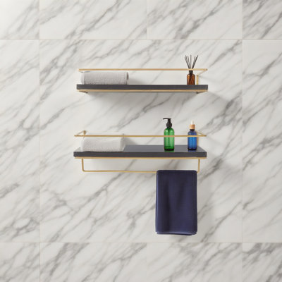 Floating Shelves - Set of 2, Wall Mounted Hanging Shelves with Golden Towel Rack, Decorative Storage Shelves for Bathroom, Kitchen, Living Room & Bedroom