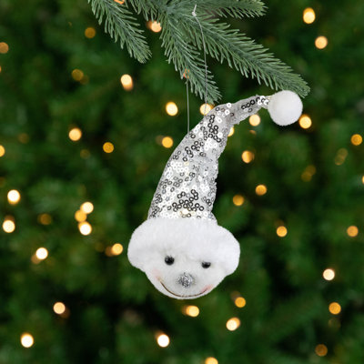 Ornement de Noël en forme de tête de bonhomme de neige 6 po avec chapeau de père Noël argenté