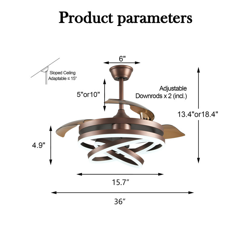 Heighton 36'' Modern DIY Shape Reversible Ceiling Fan with LED Lights and Remote, Dimmable Ceiling Fan, Brown
