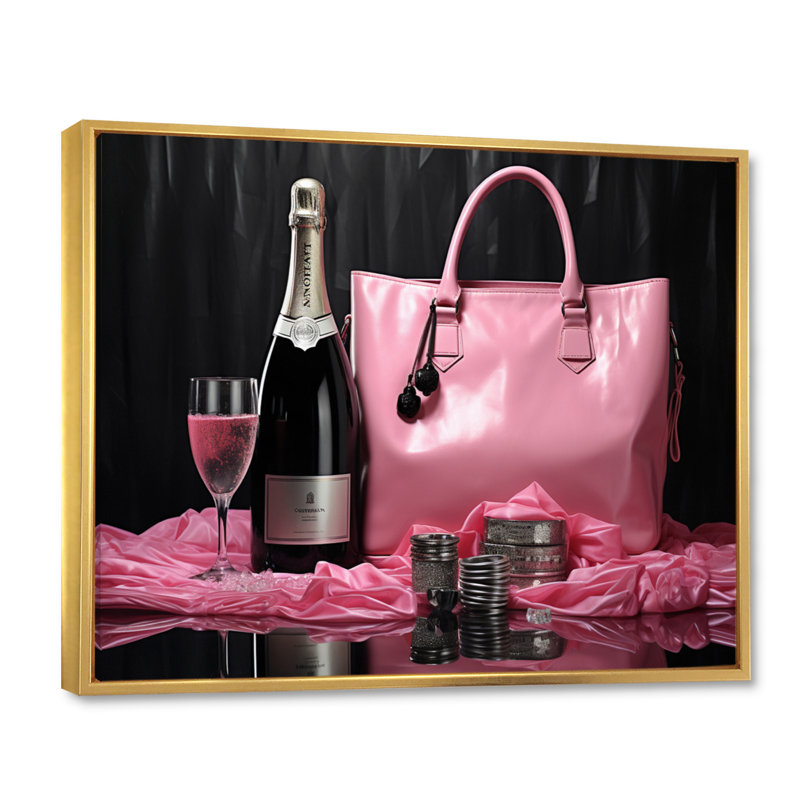 Sac rose et champagne I - imprimé, H 24 po x l 32 po, Cadre flottant doré