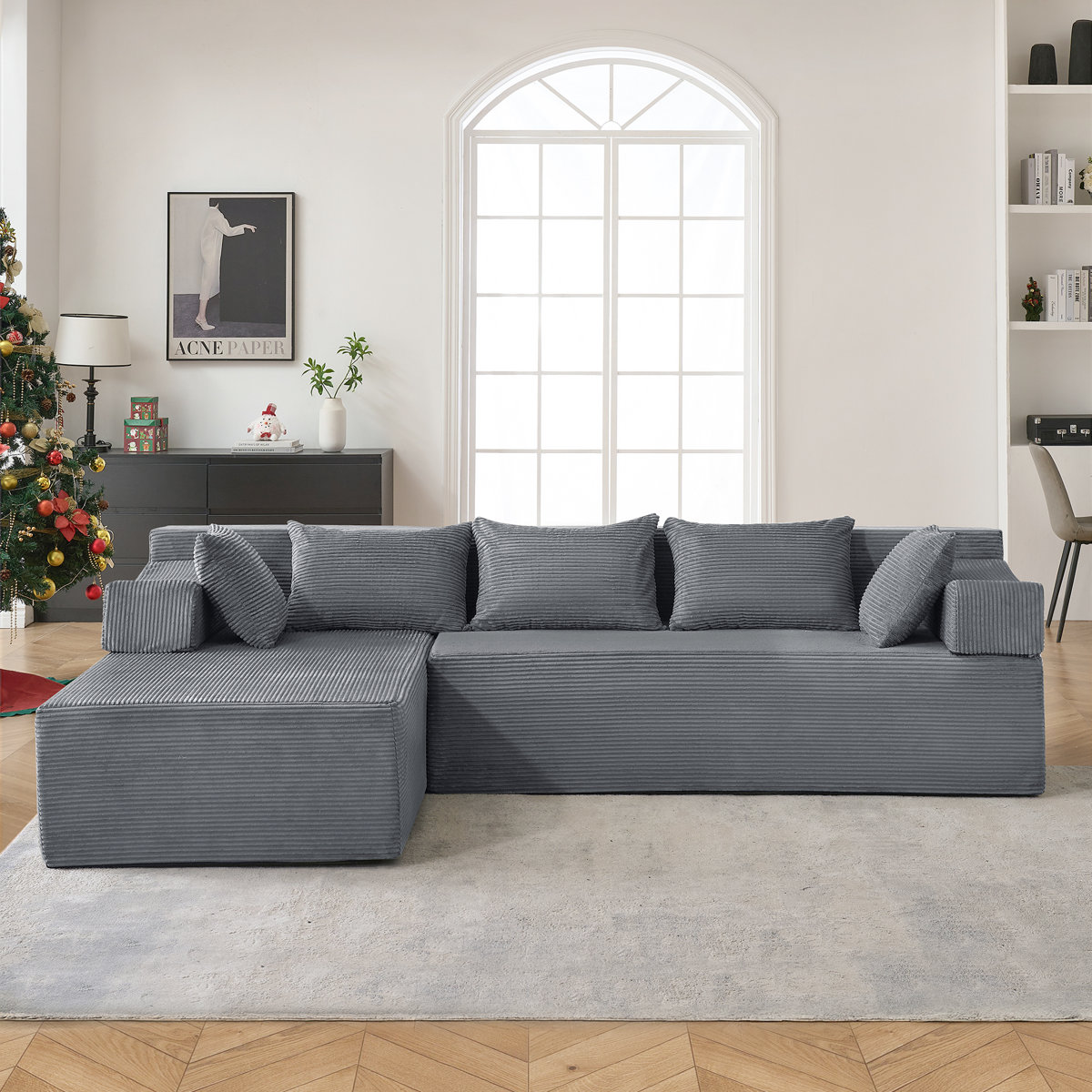 Wrought Studio 105" Modern Minimalist Upholstered L-Shaped Modular Sectional Sofa with Chaise (Light Gray Corduroy)