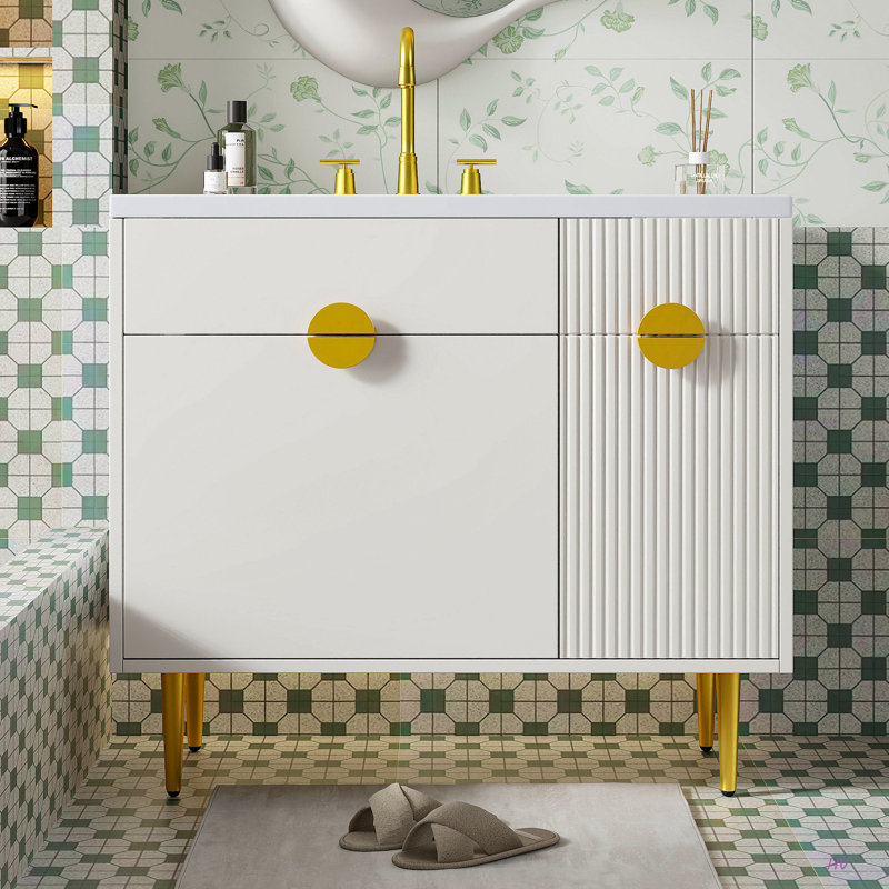 Meuble-lavabo de 36 po avec lavabo en résine, meuble-lavabo moderne, armoire de rangement avec porte à fermeture en douceur et porte rabattable
