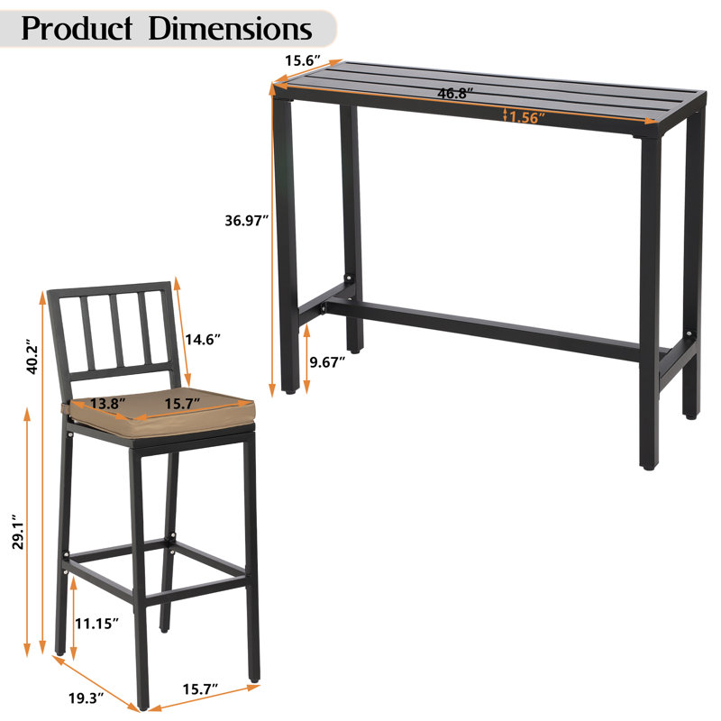 2 - Person Metal Patio Dining Set with Rectangular Table , Cushions Included, Black, 46.8" W x 36.97" H
