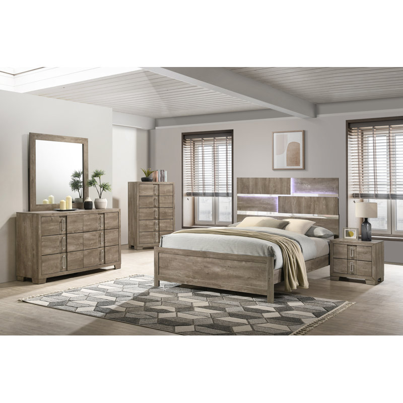 Ensemble de chambre à coucher grand lit 6 pièces avec commode, miroir, commode et 2 tables de chevet, Grand lit
