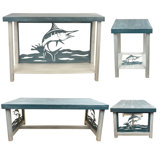 SLATE SAILFISH TABLE SET.  1- Rectangle Sofa Table, 1- Rectangle Coffee Table, 2- Square Iron End Tables