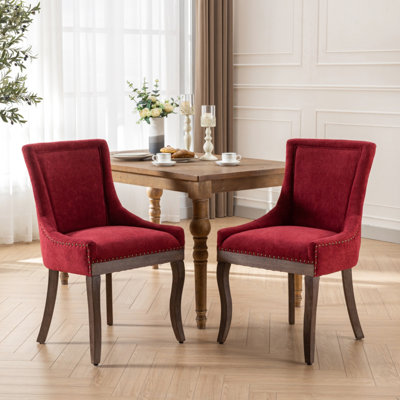2 chaises de salle à manger, revêtement en tissu épais, pieds en bois massif, bordure bronze, bourgogne, dossier solide, siège en mousse, chaises de style américain Flair Inspiration de 2, ornements cloutés, vin