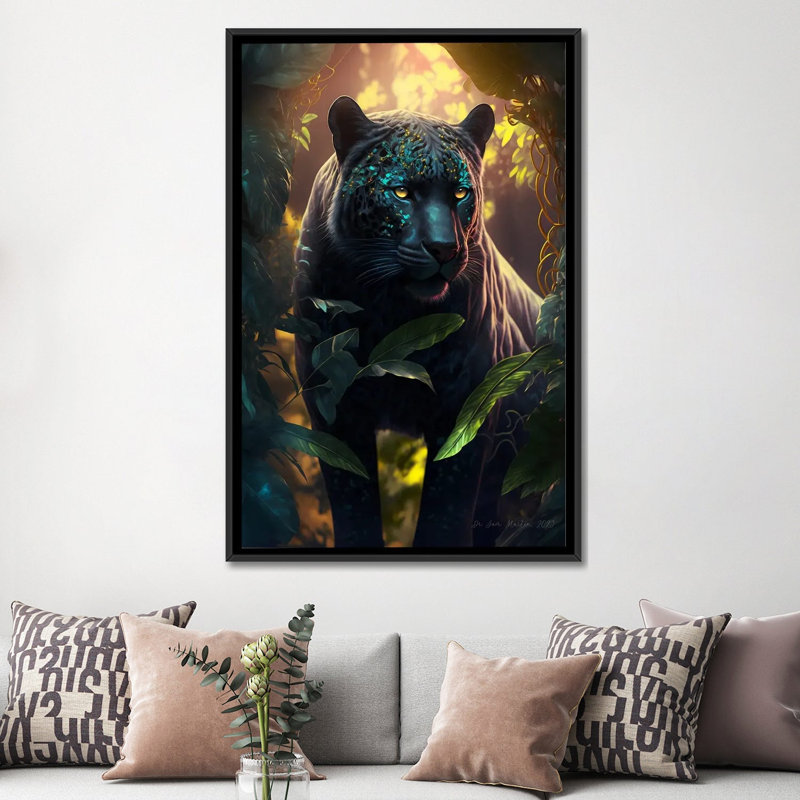 Afrofuturiste esprit animal panthère noire I, H 60 po x l 40 po, Cadre flottant noir