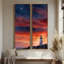 Grand ensemble d'art mural sur toile encadrée - Croissant de lune, phare, crépuscule et ciel nocturne en rouge pour impression de décor côtier - 60 po x 20 po x 2 pièces-777946498-777946499