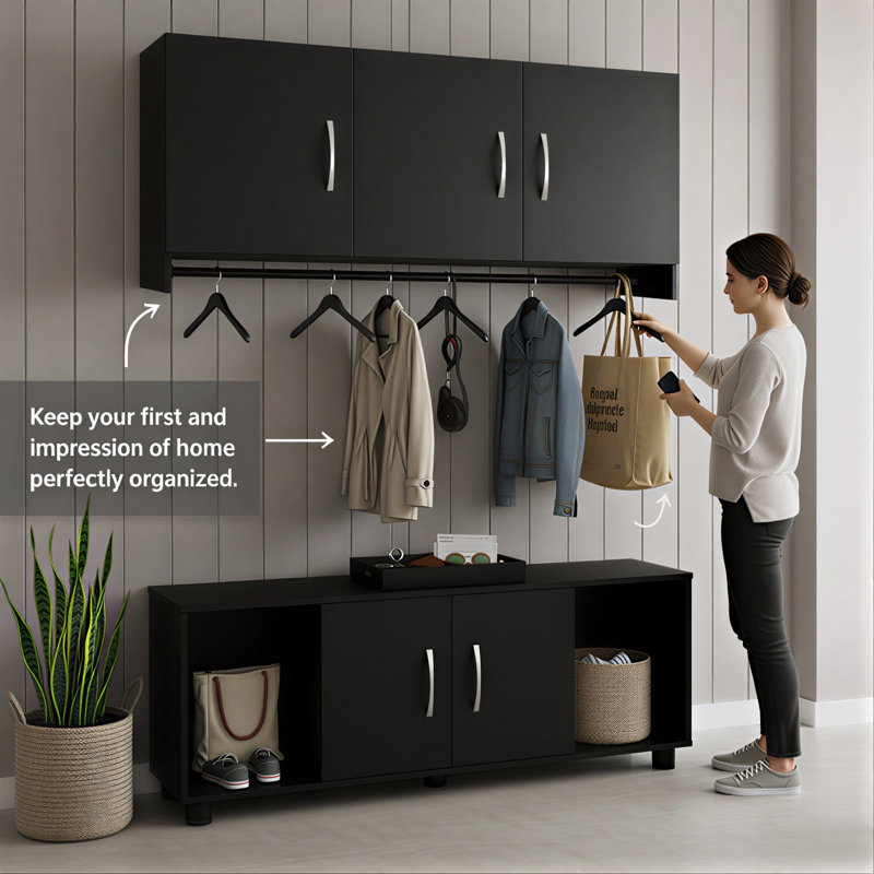 2-Piece Mudroom Storage Set With 3-Door Wall Cabinet, Hanging Rod, And 2-Door Storage Bench With Open Cubbies, Black