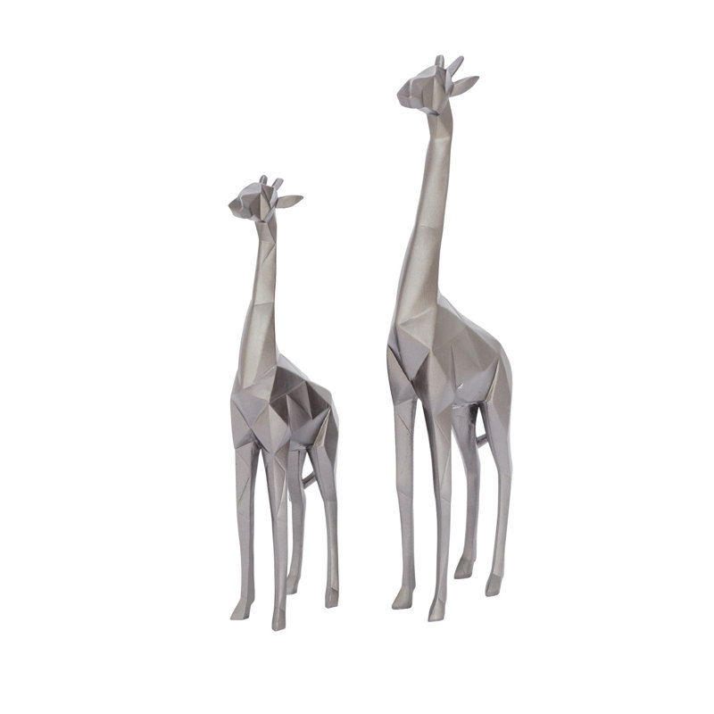 Silver Geometric Polystone Giraffe Sculptures, Set of 2