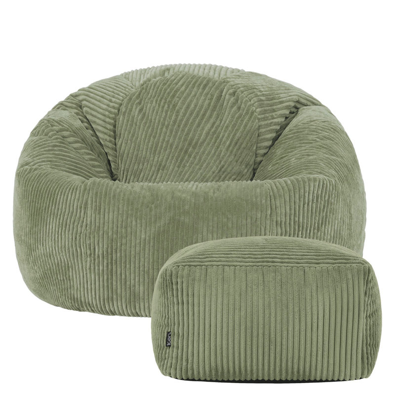 icon Kingston Cord Adults Bean Bag Chair and Pouffe, Ready Filled Beanbag and Footstool Navy Blue, Sage Green