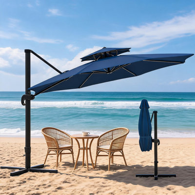 Parasol de porte-à-faux rond en porte-à-faux 10 pi x 10 pi avec base remplissable et moulée par soufflage, rotation à 360 ° et hauteur réglable à 3 niveaux, parasol d'extérieur imperméable robuste en aluminium pour jardin près de la piscine