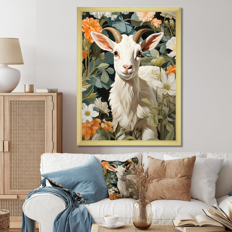 Portrait de chèvre blanche avec fleur d'été - Chèvre, art mural, Cadre doré simple, H 44 po x l 34 po x P 1,5 po